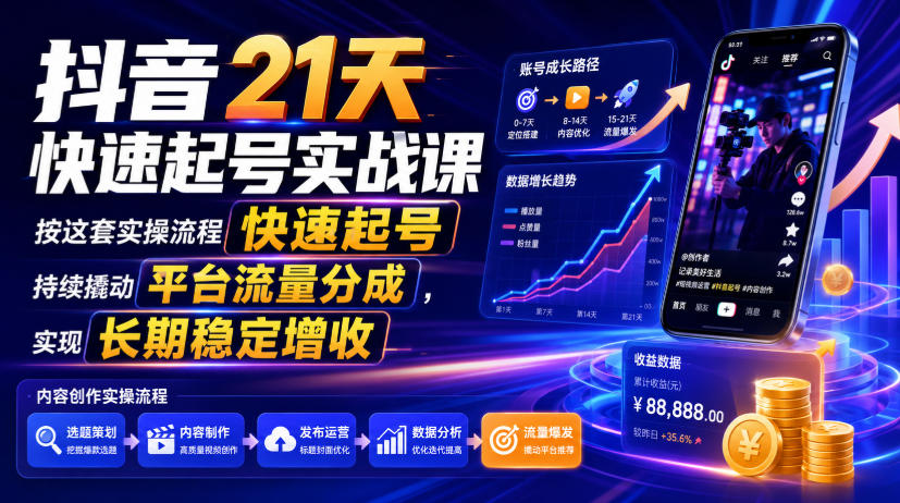 抖音21天快速起号实战课，按这套实操流程快速起号，持续撬动平台流量分成，实现长期稳定增收-洛柒笔记