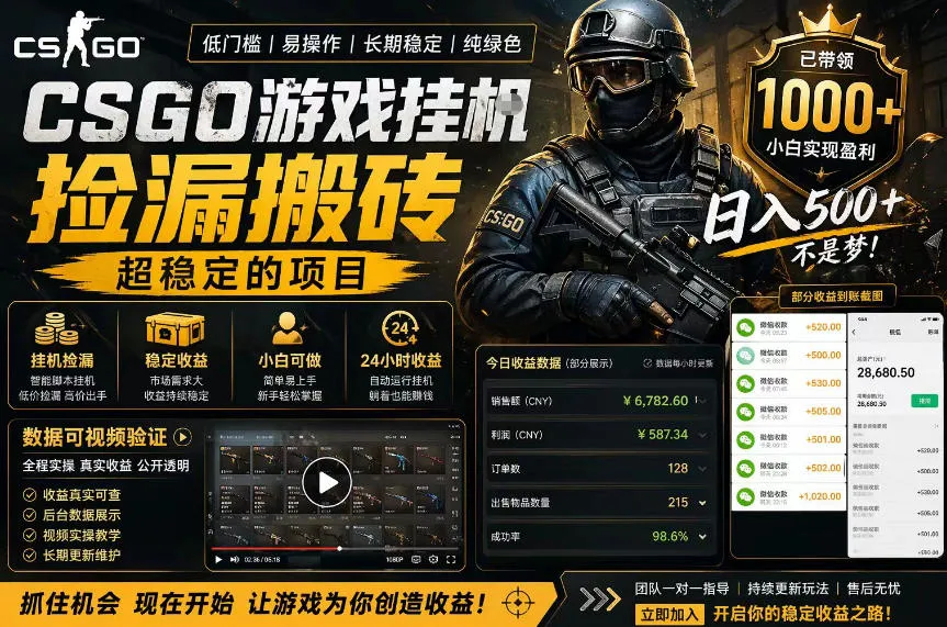 CSGO游戏搬砖，全自动挂G，不需要玩游戏，手机操作日入300+，解放双手-洛柒笔记