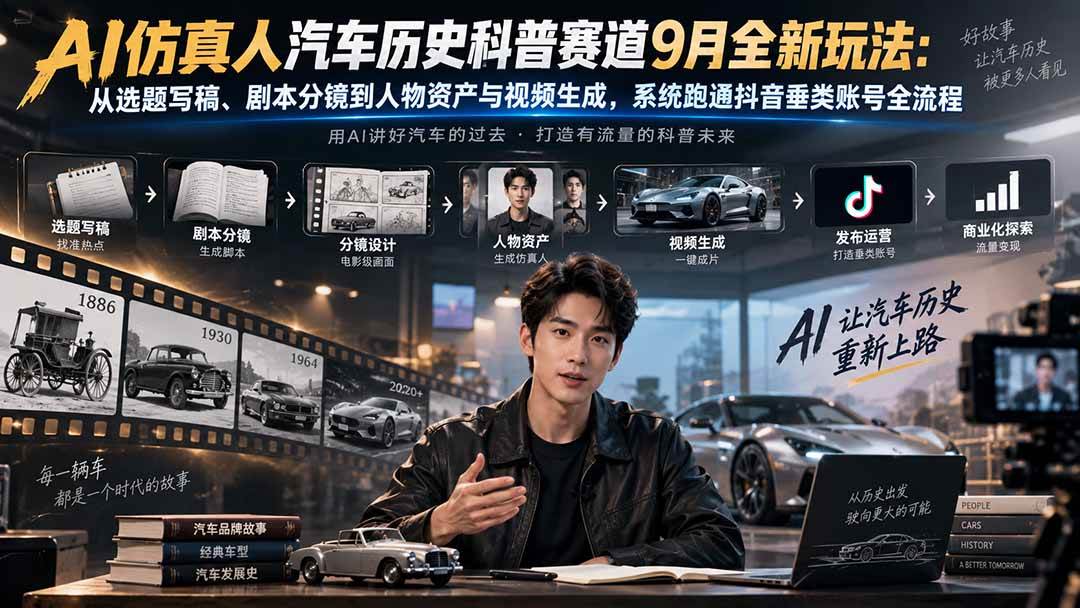 （20413期）AI仿真人汽车历史科普赛道9月全新玩法：从选题写稿、剧本分镜到人物资产与视频生成，系统跑通抖音垂类账号全流程-洛柒笔记