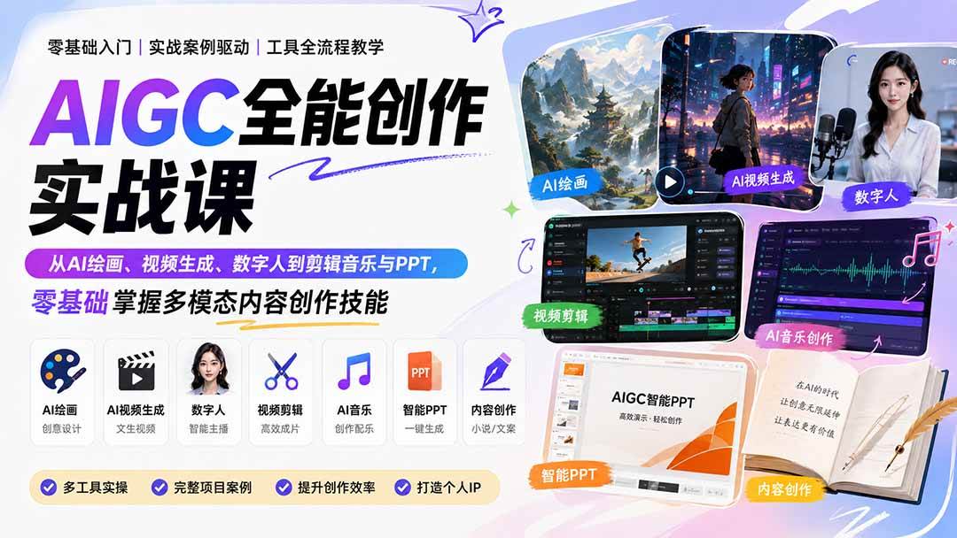 （20065期）AIGC全能创作实战课：从AI绘画、视频生成、数字人到剪辑音乐与PPT，零基础掌握多模态内容创作技能-洛柒笔记