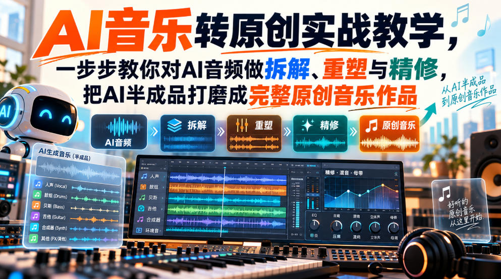 AI音乐转原创实战教学，一步步教你对AI音频做拆解、重塑与精修，把AI半成品打磨成完整原创音乐作品-洛柒笔记
