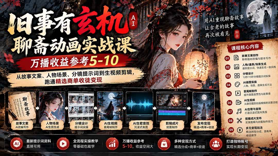 （20789期）旧事有玄机AI聊斋动画实战9月新课：万播收益参考5-10，从故事文案、人物场景到分镜生视频，跑通精选商单收徒-洛柒笔记