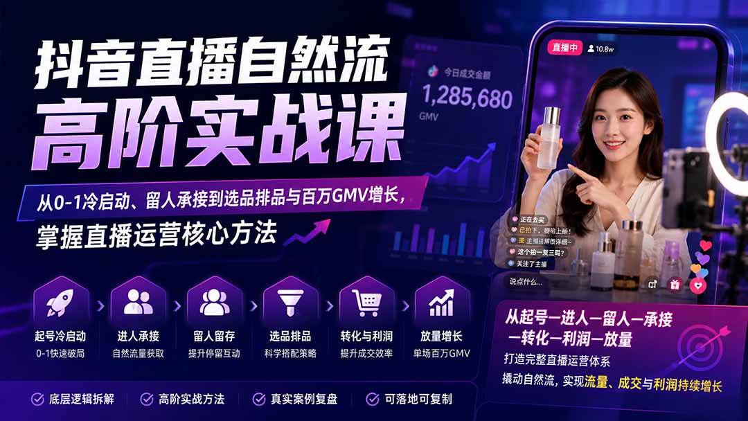 （20058期）抖音直播自然流高阶实战课：从0-1冷启动、留人承接到选品排品与百万GMV增长，掌握直播运营核心方法-洛柒笔记