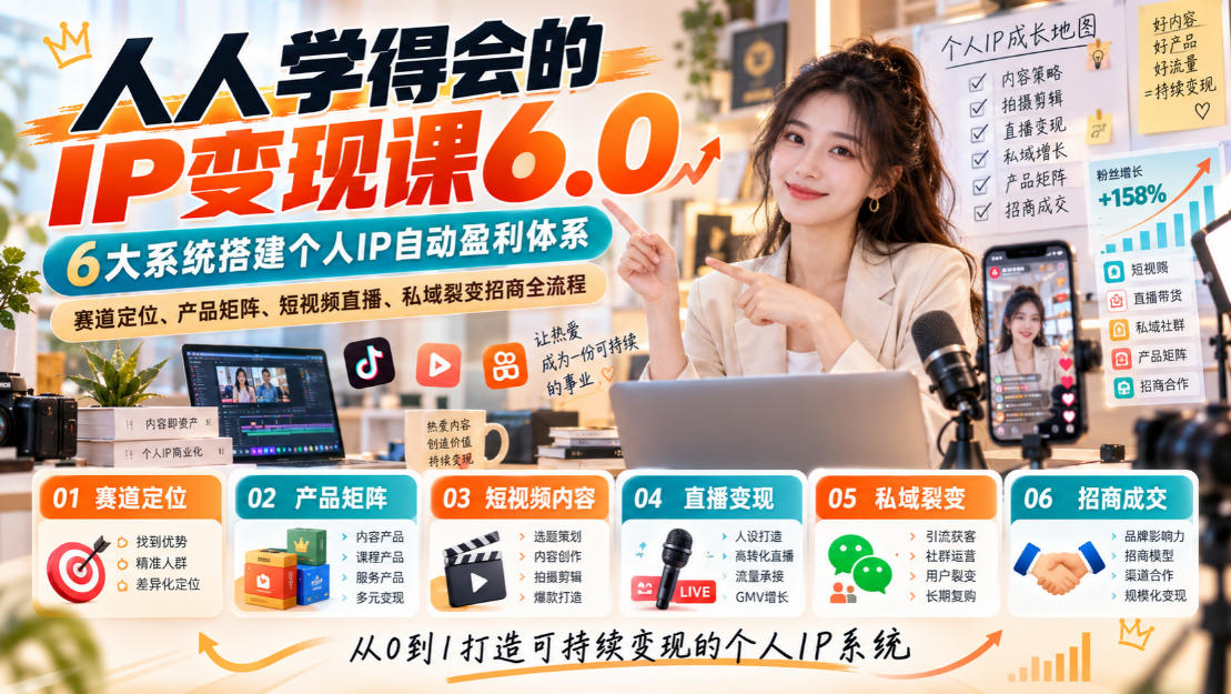 人人学得会的IP变现课6.0，6大系统搭建个人IP自动盈利体系，赛道定位、产品矩阵、短视频直播、私域裂变招商全流程-洛柒笔记