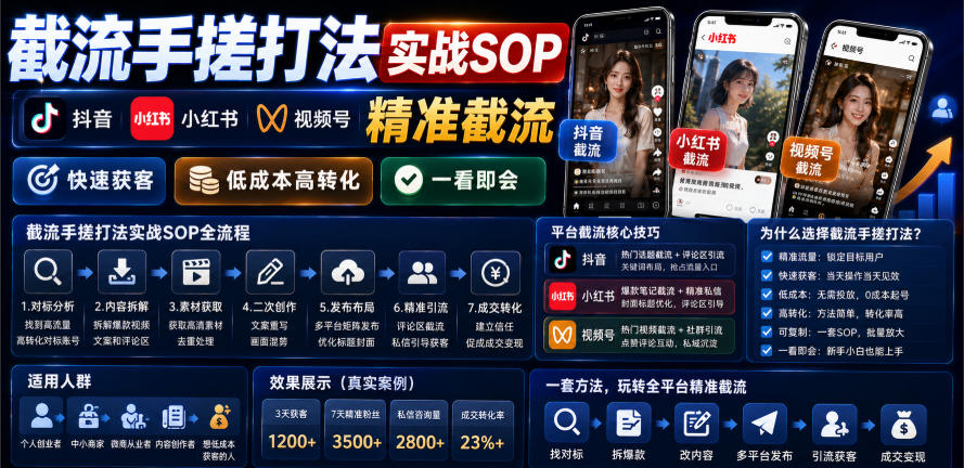 截流手搓打法实战SOP，抖音小红书视频号精准截流，快速获客，低成本高转化，一看即会-洛柒笔记