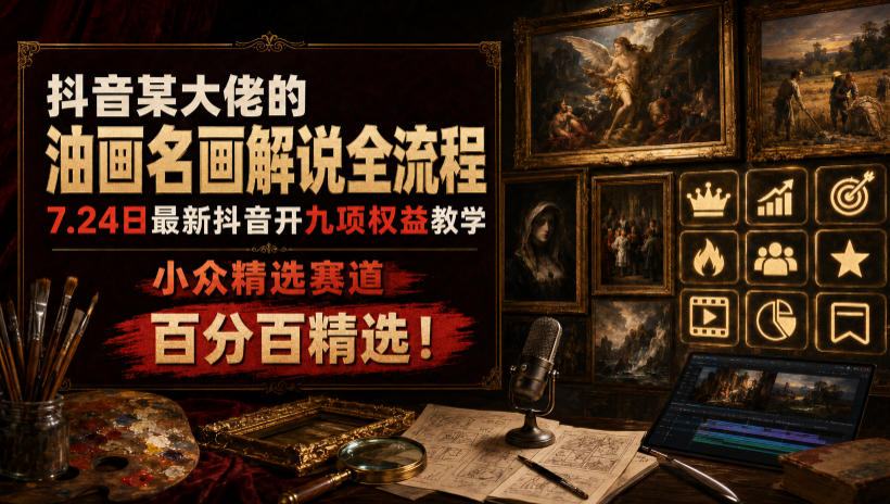 抖音某大佬的油画名画解说全流程，7.24日最新抖音开九项权益教学，小众精选赛道，百分百精选！（更新0728）