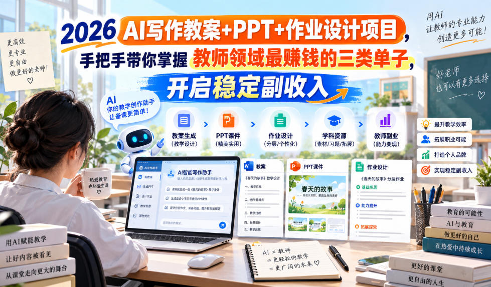 2026 AI写作教案+PPT+作业设计项目，手把手带你掌握教师领域最賺钱的三类单子，开启稳定副收入-洛柒笔记