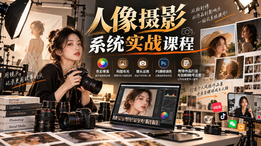 【无水印】人像摄影系统实战课程，色彩审美、构图布光、镜头运用、PS精修调色，附带作品打造与自媒体账号运营-洛柒笔记