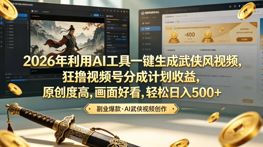 2026年利用AI工具一键生成武侠风视频，狂撸视频号分成计划收益，原创度高，画面好看，轻松日入500+-洛柒笔记
