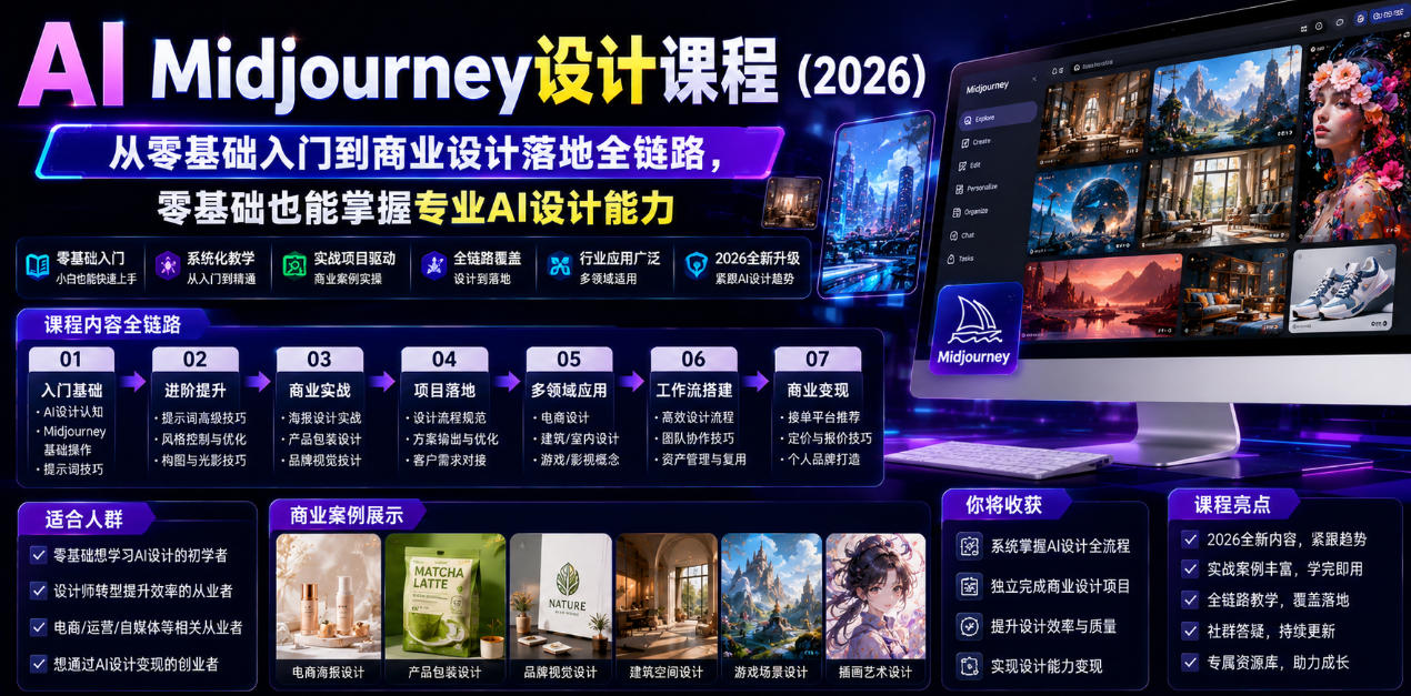 AI Midjourney设计课程（2026），从零基础入门到商业设计落地全链路，零基础也能掌握专业AI设计能力（更新0913）-洛柒笔记