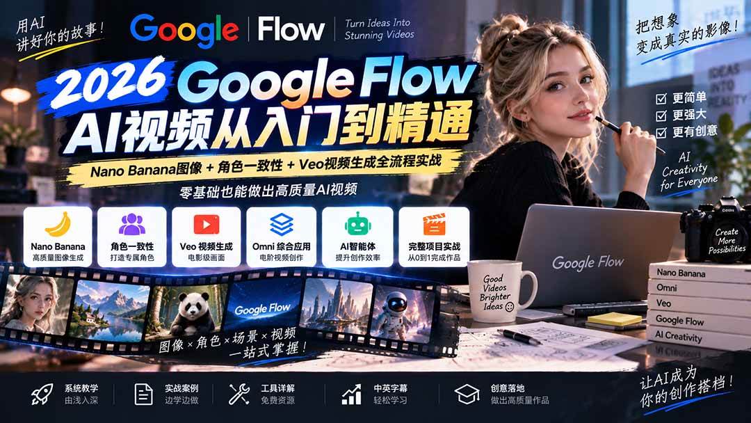 （20608期）【无水印】Google Flow AI视频从入门到精通：Nano Banana图像+角色一致性+Veo视频生成全流程实战-精翻中英字幕-洛柒笔记