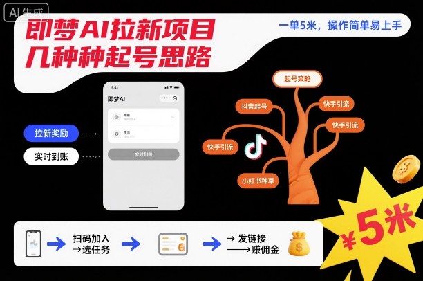 即梦AI拉新项目几种起号思路，一单5米，操作简单易上手-洛柒笔记