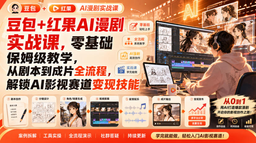 豆包+红果AI漫剧实战课，零基础保姆级教学，从剧本到成片全流程，解锁AI影视赛道变现技能-洛柒笔记