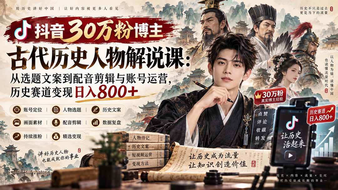 （20441期）抖音30万粉博主古代历史人物解说课：从选题文案到配音剪辑与账号运营，历史赛道变现日入800+-洛柒笔记