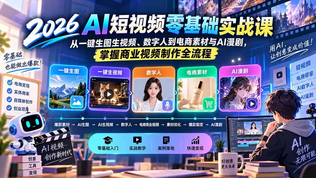 （20263期）2026AI短视频零基础实战课：从一键生图生视频、数字人到电商素材与AI漫剧，掌握商业视频制作全流程-洛柒笔记