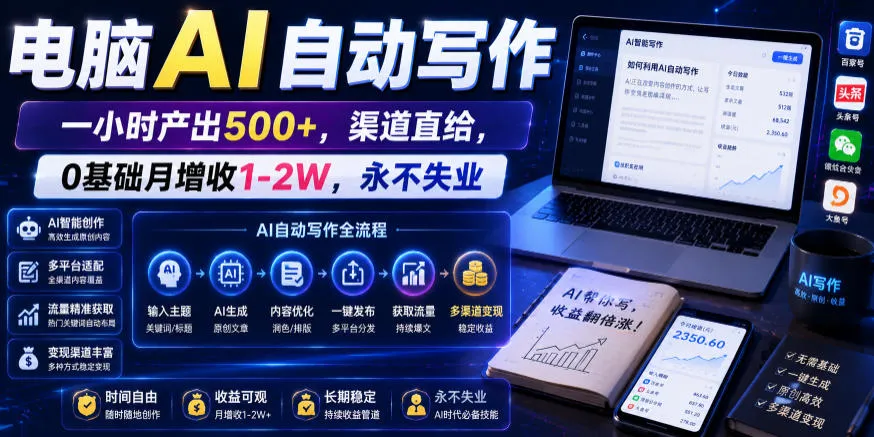 电脑AI自动写作，一小时产出500+，渠道直给，0基础月增收1-2W，永不失业-洛柒笔记