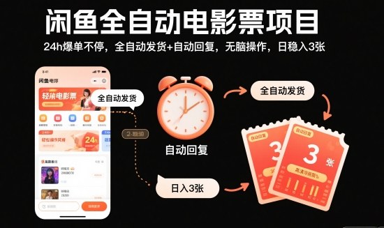 闲鱼全自动电影票项目，24h爆单不停，全自动发货+自动回复，无脑操作，日稳入3张【揭秘】-洛柒笔记