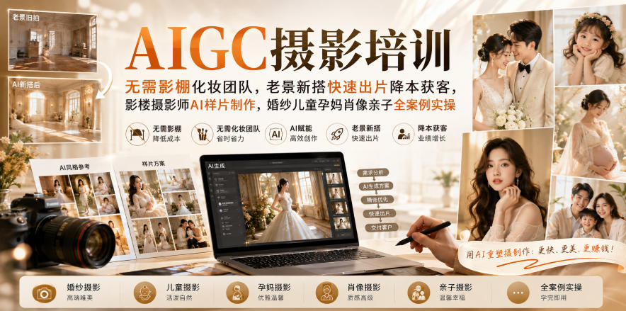 AIGC摄影培训｜无需影棚化妆团队，老景新搭快速出片降本获客，影楼摄影师AI样片制作，婚纱儿童孕妈肖像亲子全案例实操-洛柒笔记