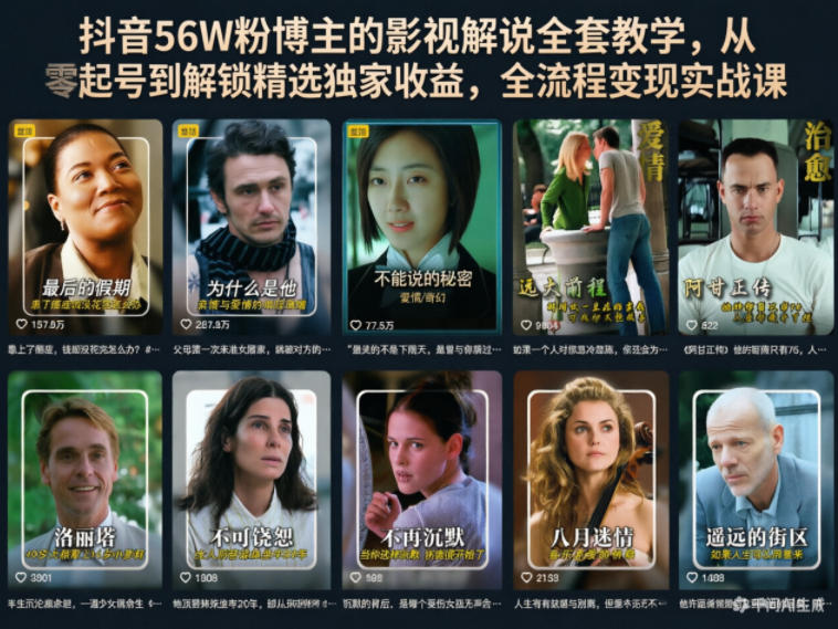 抖音56W粉博主的影视解说全套教学，从零起号到解锁精选独家收益，全流程变现实战课-洛柒笔记