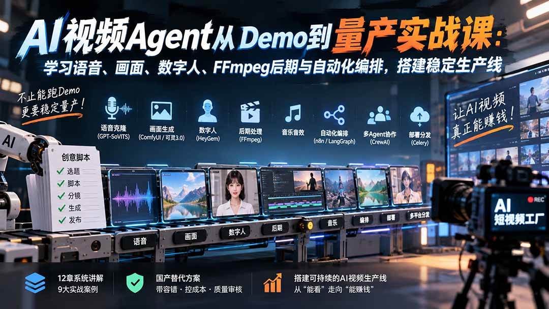 （20451期）AI视频Agent从Demo到量产实战课：学习语音、画面、数字人、FFmpeg后期与自动化编排，搭建稳定生产线-洛柒笔记
