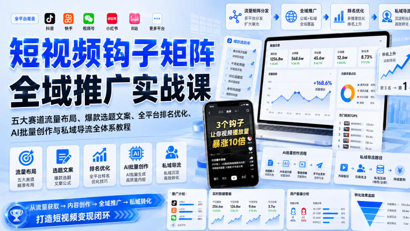 短视频钩子矩阵全域推广实战课｜五大赛道流量布局、爆款选题文案、全平台排名优化、AI批量创作与私域导流全体系教程-洛柒笔记