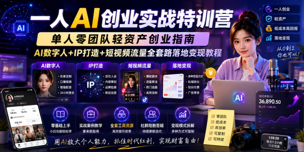 一人AI创业实战特训营，单人零团队轻资产创业指南，AI数字人+IP打造+短视频流量全套路落地变现教程-洛柒笔记