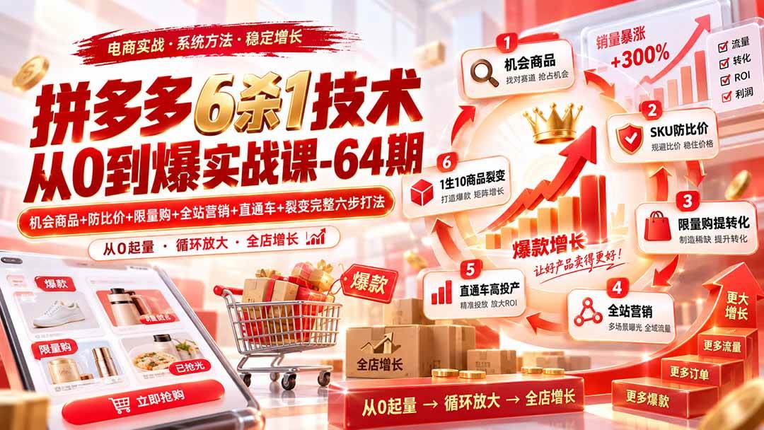 （20315期）拼多多6杀1技术从0到爆实战课-64期：机会商品+防比价+限量购+全站营销+直通车+裂变完整六步打法-洛柒笔记