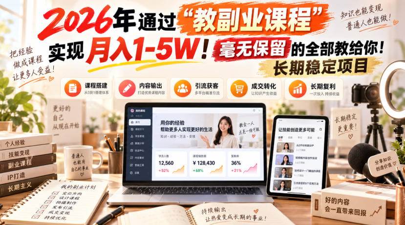 （20468期）2026年通过“教副业课程”实现月入1-5W！毫无保留的全部教给你！长期稳定项目-洛柒笔记
