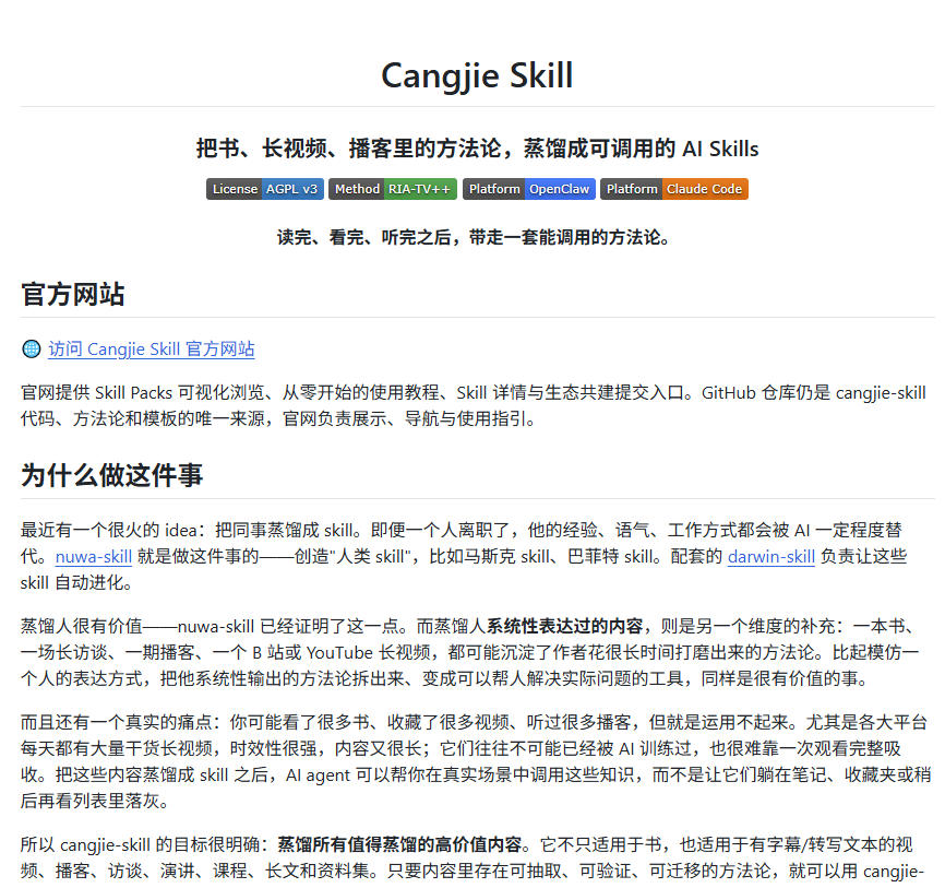 全网走红！GitHub上6.7K Star的开源项目，把任何书、长视频、播客蒸馏成AI工具，值得收藏cangjie-skill-洛柒笔记