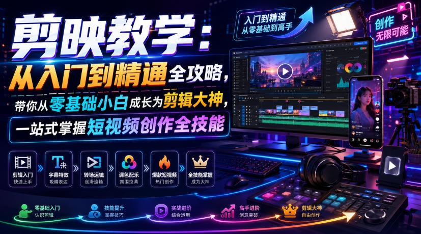 剪映教学：从入门到精通全攻略，带你从零基础小白成长为剪辑大神，一站式掌握短视频创作全技能-洛柒笔记