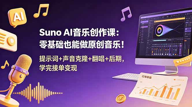（18945期） Suno AI音乐创作课：零基础也能做原创音乐！提示词+声音克隆+翻唱+后期，学完接单变现-洛柒笔记