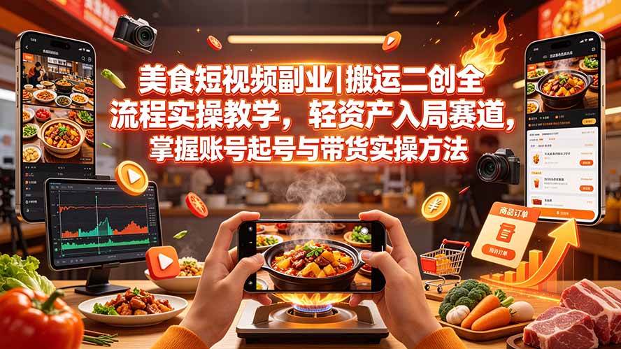 （19535期）美食短视频副业｜搬运二创全流程实操教学，轻资产入局赛道，掌握账号起号与带货实操方法-洛柒笔记