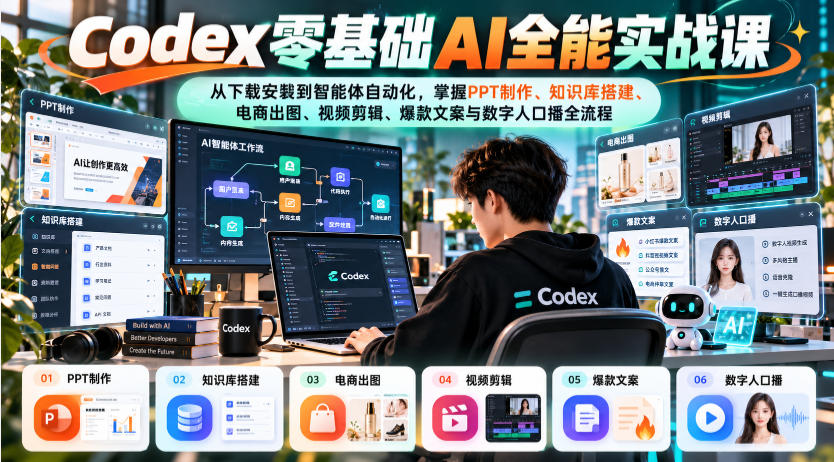 Codex零基础AI全能实战课：从下载安装到智能体自动化，掌握知识库搭建、电商出图、视频剪辑、爆款文案与数字人口播全流程-洛柒笔记