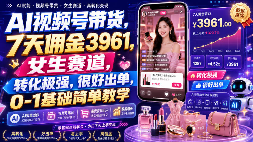 AI视频号带货，7天佣金3961，女生赛道，转化极强，很好出单，0-1基础简单教学-洛柒笔记