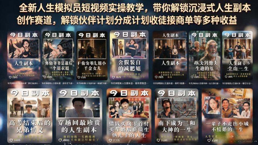 全新人生模拟员短视频实操教学，带你解锁沉浸式人生副本创作赛道，解锁伙伴计划分成计划收徒接商单等多种收益-洛柒笔记