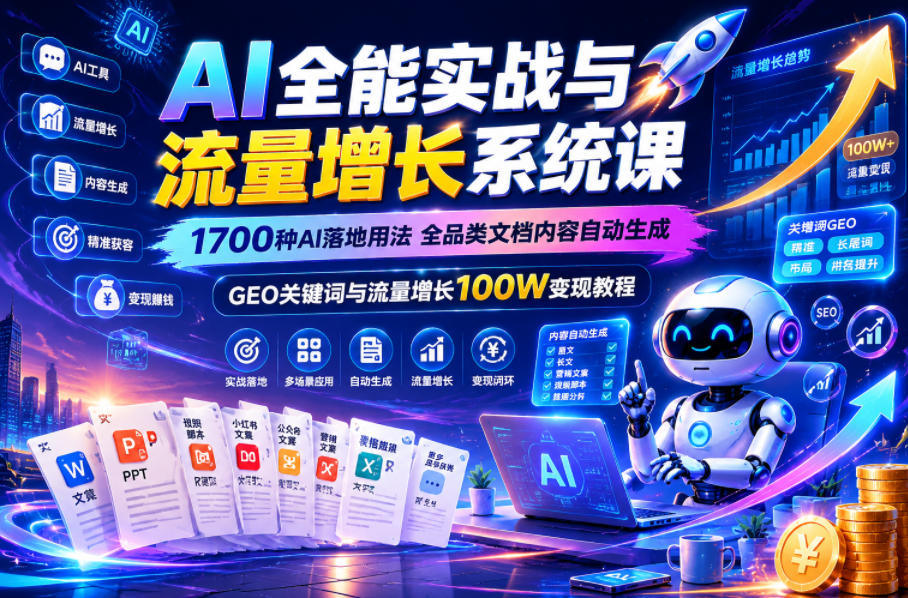 AI全能实战与流量增长系统课，1700种AI落地用法，全品类文档内容自动生成，GEO关键词与流量增长100W变现教程-洛柒笔记