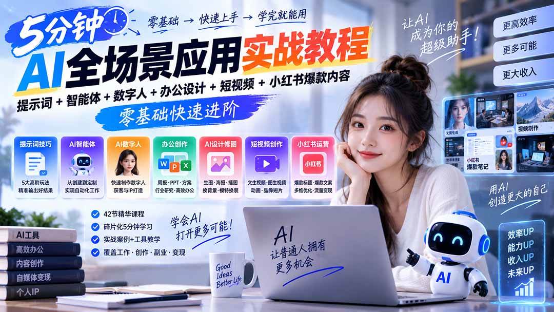 （20493期）AI全场景应用实战教程｜提示词+智能体+数字人+办公设计+短视频+小红书爆款内容，零基础快速进阶-洛柒笔记