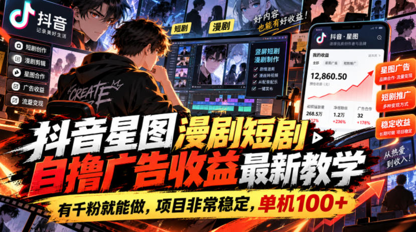 抖音星图漫剧短剧自撸广告收益最新教学，有千粉就能做，项目非常稳定，单机100+-洛柒笔记