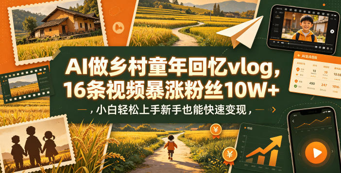 AI做乡村童年回忆vlog，16条视频暴涨粉丝10W+，小白轻松上手新手也能快速变现-洛柒笔记