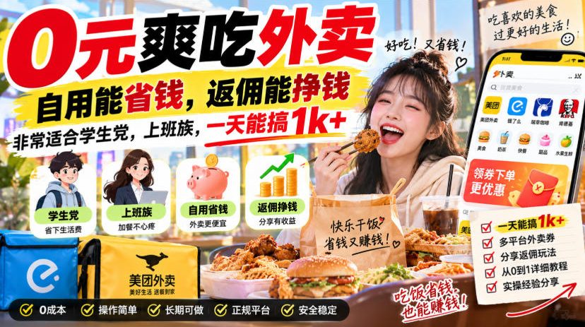 0元爽吃外卖，自用能省钱，返佣能挣钱，非常适合学生党，上班族，一天能搞1k+-洛柒笔记