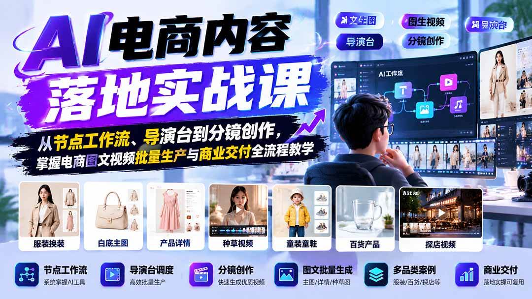 （21136期）AI电商内容落地实战课：从节点工作流、导演台到分镜创作，掌握电商图文视频批量生产与商业交付全流程教学-洛柒笔记