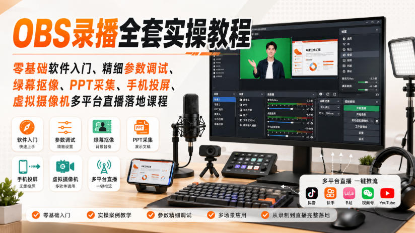 OBS录播全套实操教程｜零基础软件入门、精细参数调试、绿幕抠像、手机投屏、虚拟摄像机多平台直播落地课程-洛柒笔记