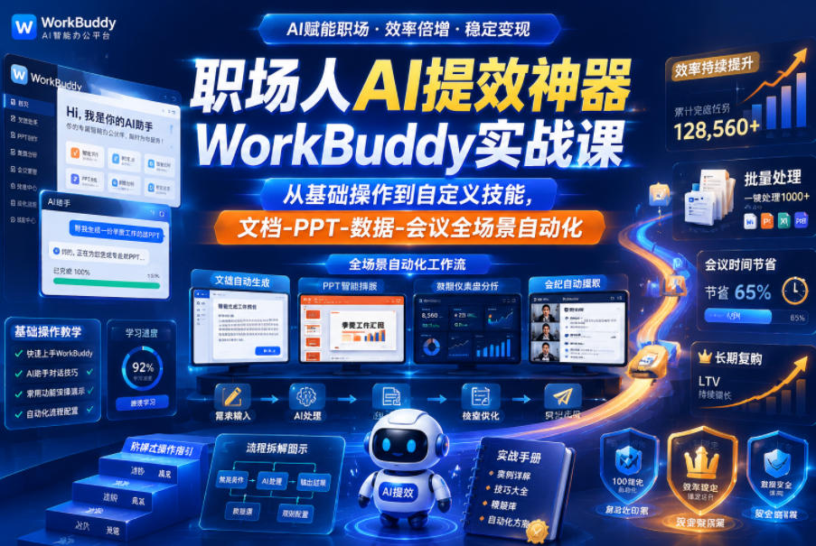 职场人AI提效神器WorkBuddy实战课，从基础操作到自定义技能，文档-PPT-数据-会议全场景自动化-洛柒笔记