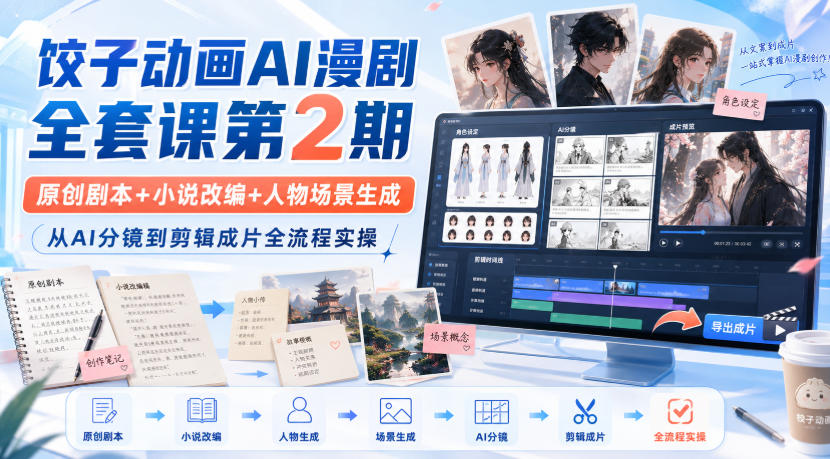 饺子动画AI漫剧全套课第2期：原创剧本+小说改编+人物场景生成，从AI分镜到剪辑成片全流程实操-洛柒笔记
