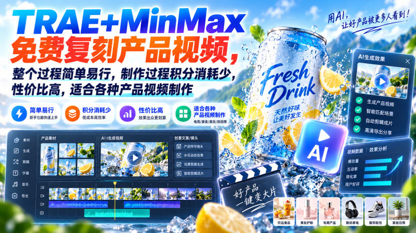 TRAE+MinMax免费复刻产品视频，整个过程简单易行，制作过程积分消耗少，性价比高，适合各种产品视频制作-洛柒笔记