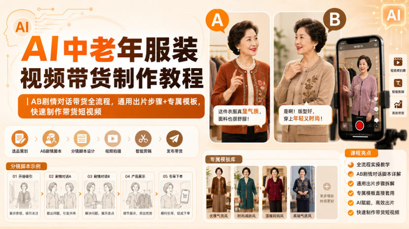 AI中老年服装视频带货制作教程｜AB剧情对话带货全流程，通用出片步骤+专属模板，快速制作带货短视频-洛柒笔记