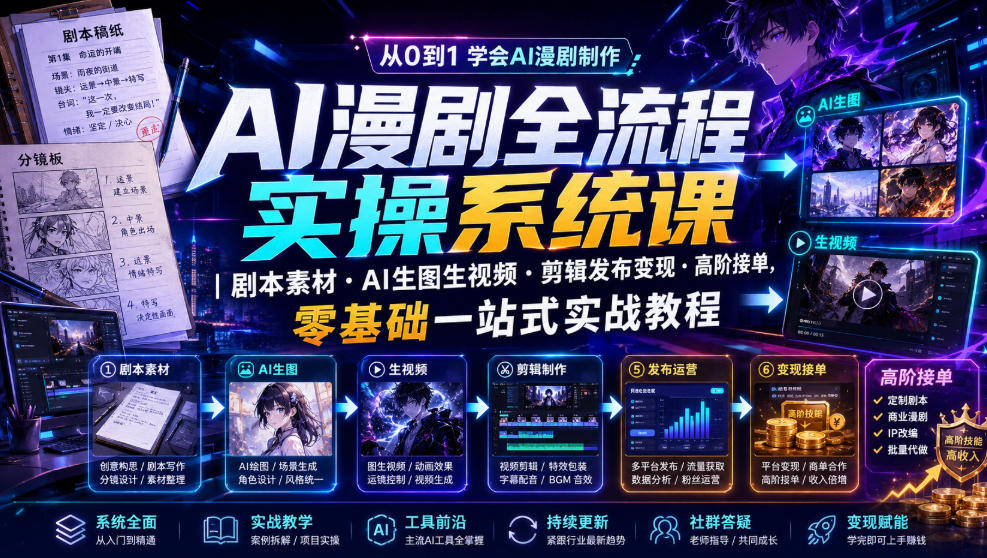AI漫剧全流程实操系统课｜剧本素材・AI生图生视频・剪辑发布变现・高阶接单，零基础一站式实战教程-洛柒笔记