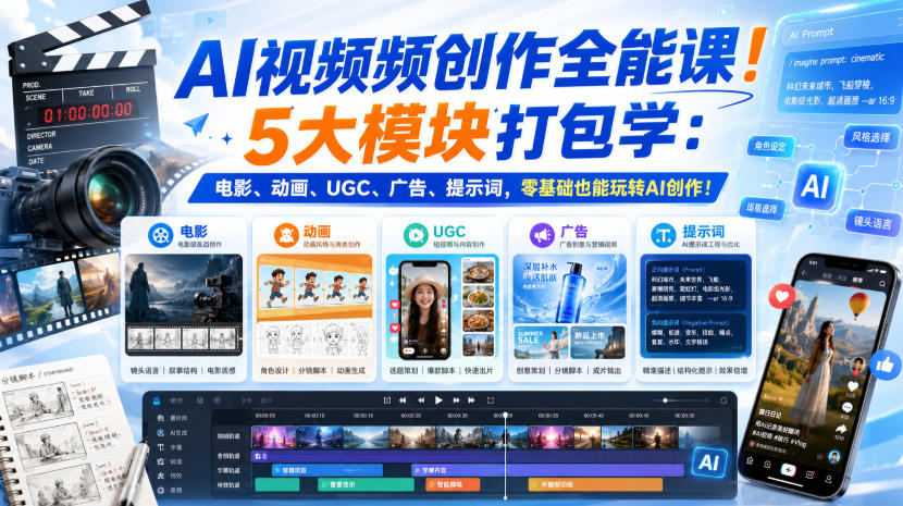 AI视频频创作全能课！5大模块打包学：电影、动画、UGC、广告、提示词，零基础也能玩转AI创作！【原创双语字幕】-洛柒笔记