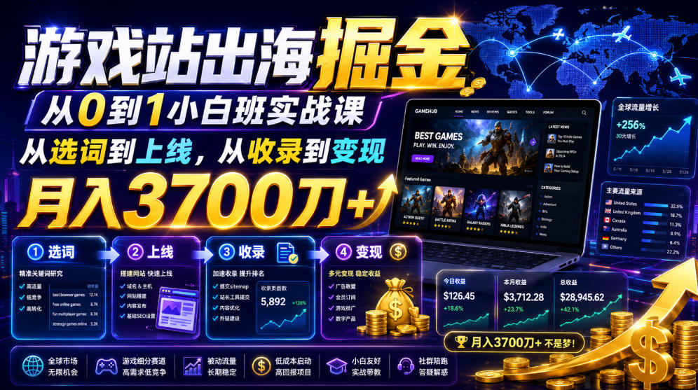 游戏站出海掘金从0到1小白实战课，从选词到上线，从收录到变现，月入3700刀+（更新）-洛柒笔记