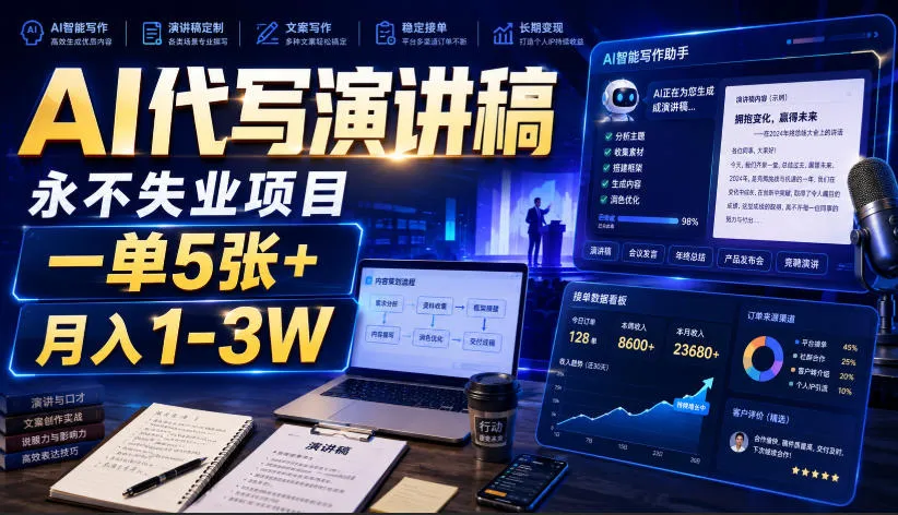 AI代写演讲稿，永不失业项目，一单5张+，月入1-3W-洛柒笔记